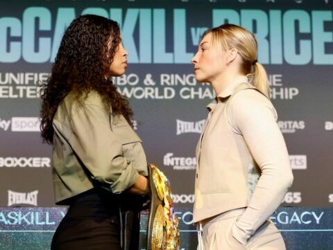 Jessica McCaskill and Lauren Price during the fight announcement